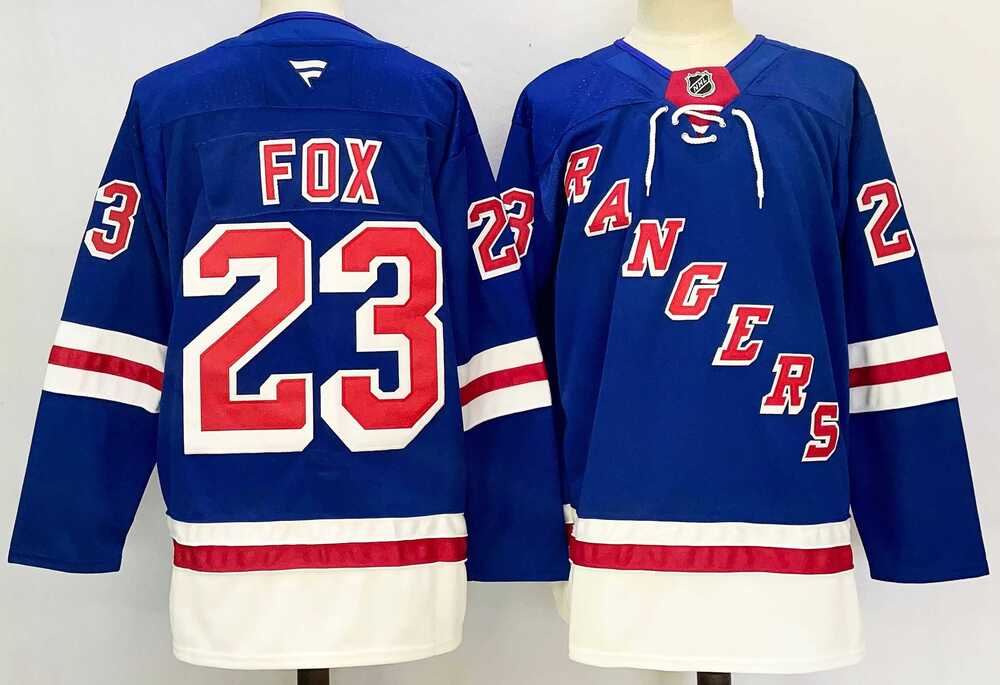 Mens New York Rangers #23 Adam Fox Royal 2024-25 Home With A Patch Stitched Hockey Jersey